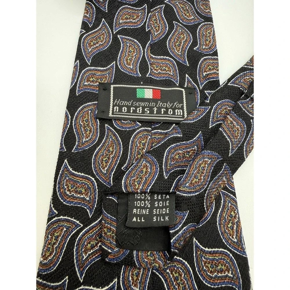 VTG Nordstrom Tie Italy Hand Sewn Silk Paisley Black Blue Brown Classic 59.5